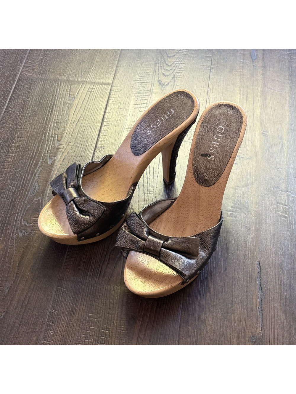 Vintage Y2K Guess Brown Leather Bow Wood Like Stiletto Mules Heels 10M